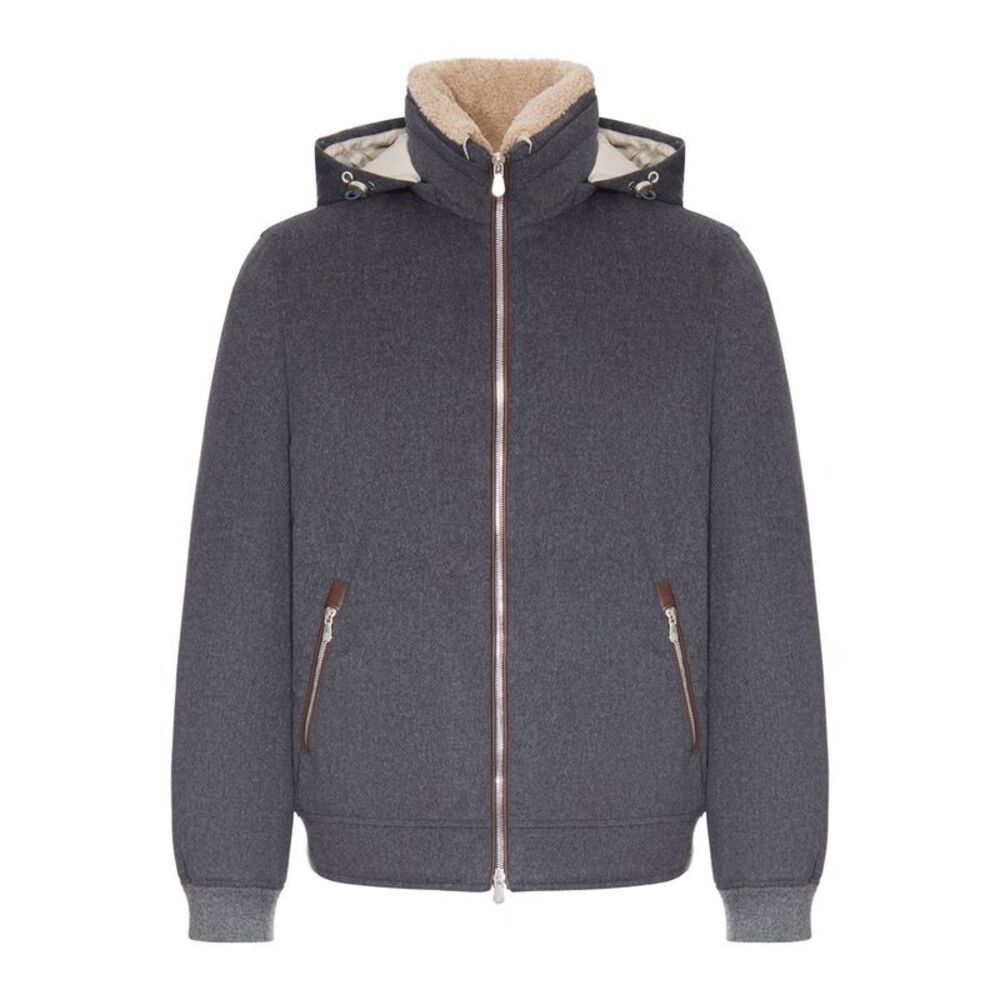 Brunello Cucinelli Men Hooded Bomber Jacket In Wool And Shearling